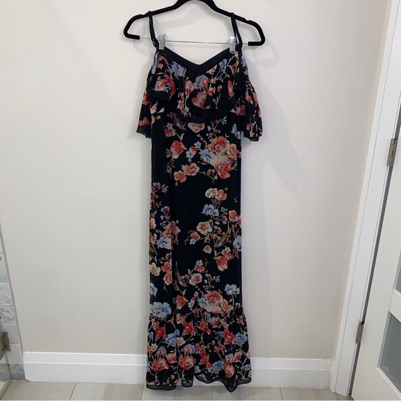 WHBM Black Red Blue Gold Floral Cold-Shoulder Metallic Embroidered Maxi Dress 6 - Picture 6 of 13